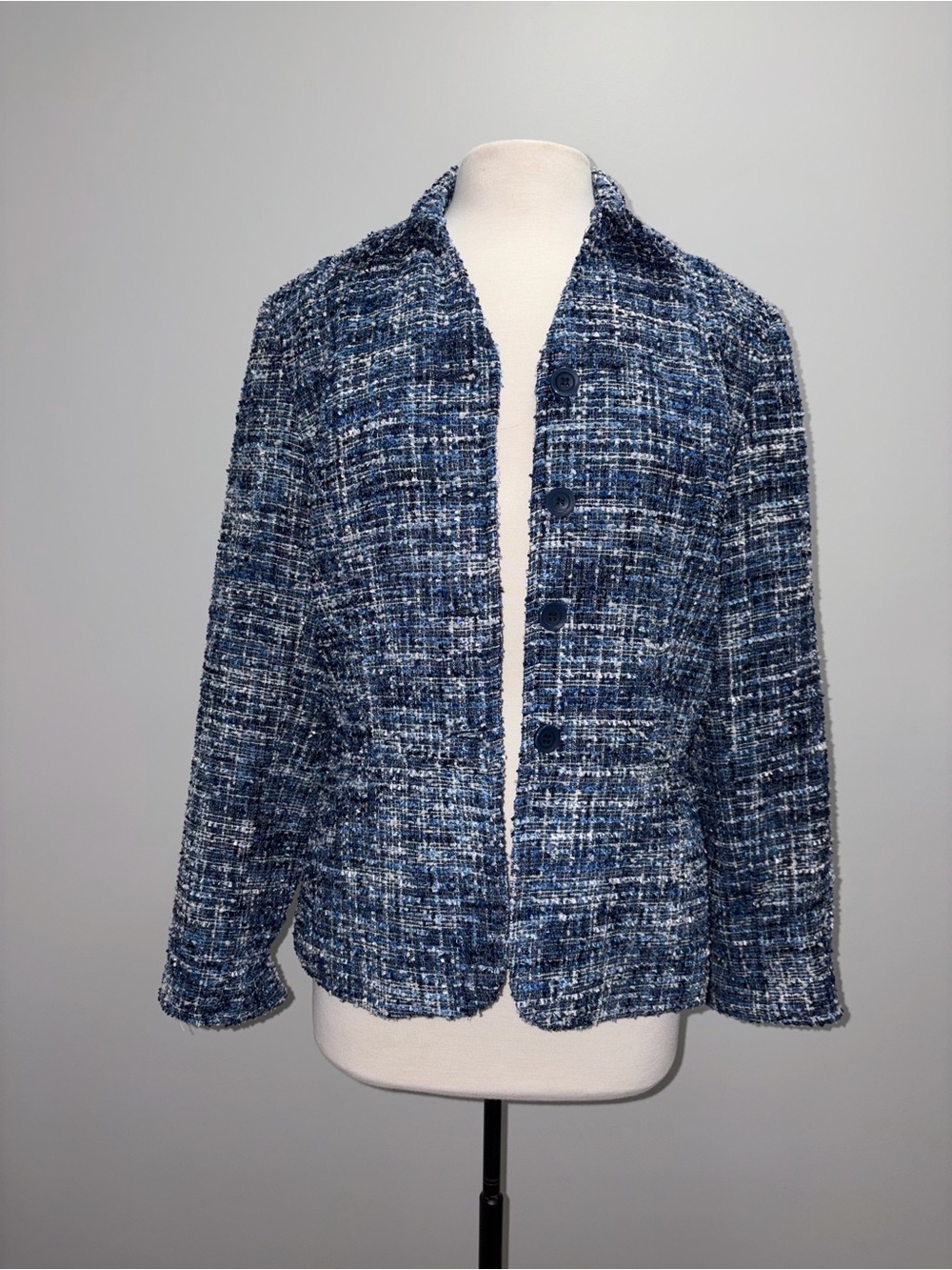 Coldwater Creek 10 blue boucle blazer jacket lined 4 buttons